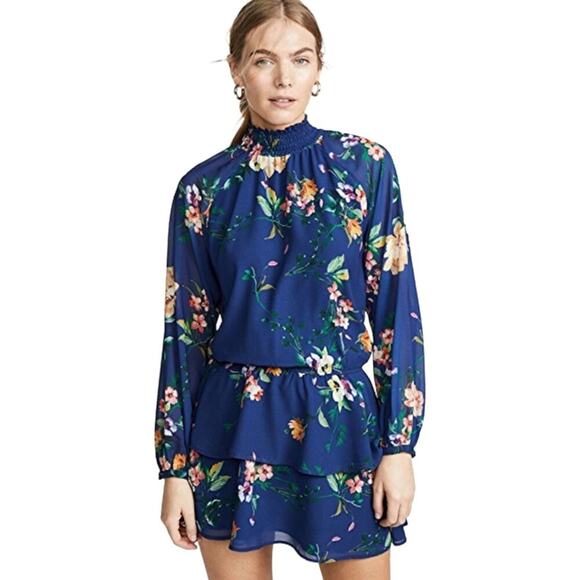 Yumi Kim Class Act Mini Dress in Symphony Navy Floral Print Long Sleeve Smocked - Picture 1 of 16
